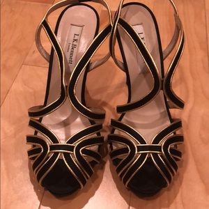 Black satin gold sandals